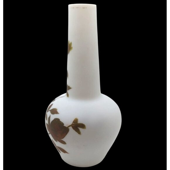 Vintage White Satin Opaline Hand Blown Glass Vase Painted Gold Floral Design - Picture 2 of 7